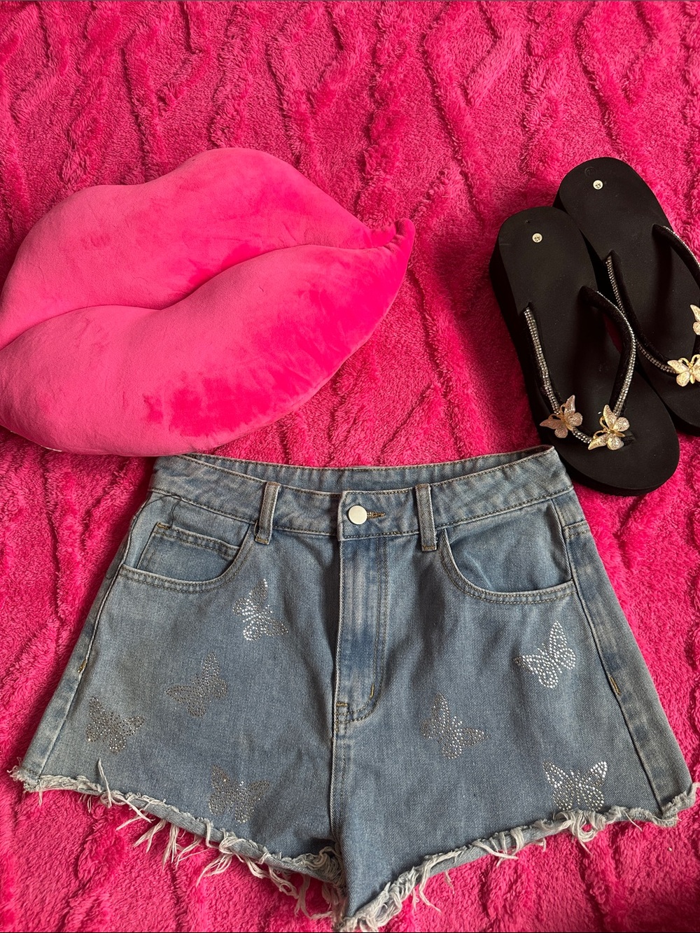 Denim Y2K Butterfly Embellished Frayed Hem Shorts
